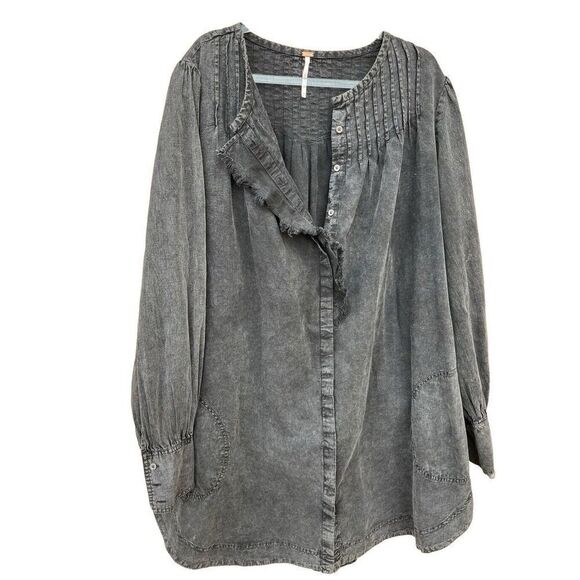 Free People Denim Darling Mini Dress Long Sleeve In Black Acid Wash Women’s M - Picture 1 of 7